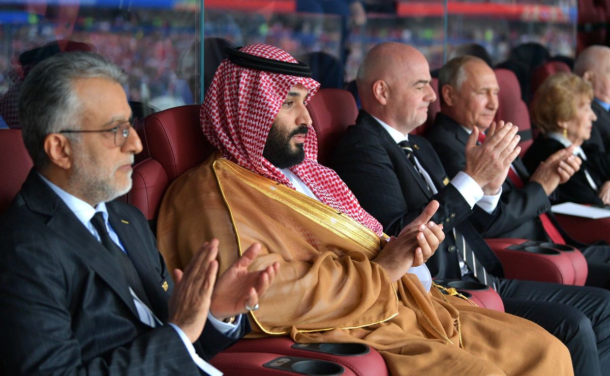 Scheich Salman (FIFA, Bahrain), Mohamed Bin Salman, Diktatorenfreund Infantino, Schlächter Putin. (Foto: President of Russia)