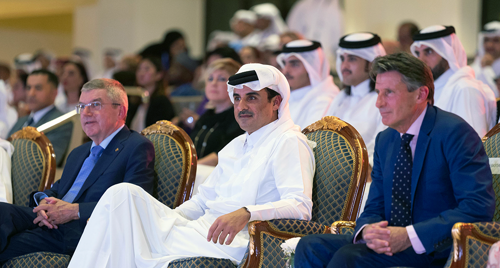 Doha 2019: IOC president Thomas Bach, IOC member and Emir Tamim Bin Hamad Al-Thani, Sebastian Coe.